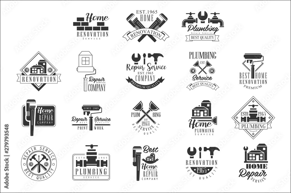 Plumbing And Repairing Service Black And White Sign Design Templates With Text And Instrument Silhouettes