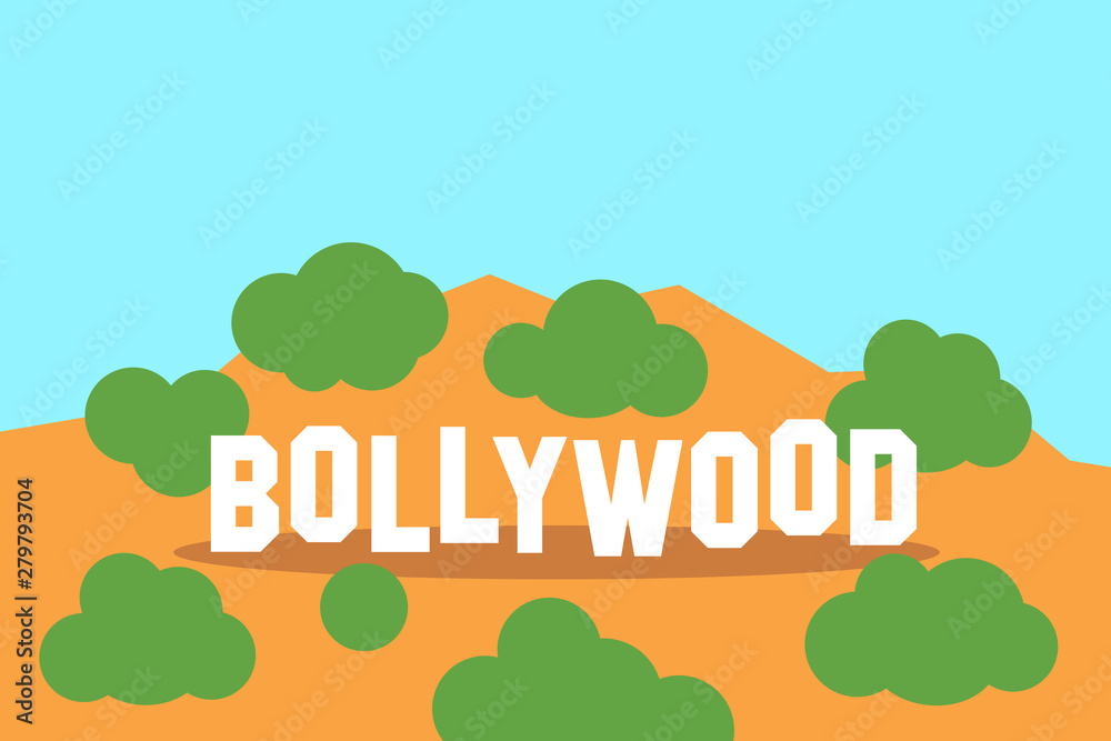 Bollywood - asian film, movie and cinema industry in India. Hill with landmark and sign. Vector illustration