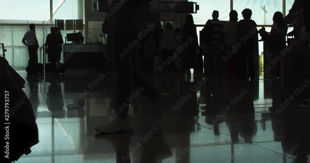 Tilt Queue Passenger Queue at Gate before the Flight. People Silhouettes ...