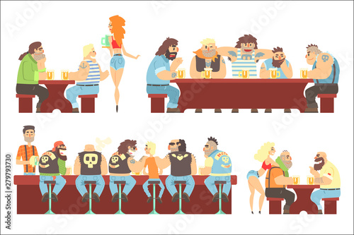 Dark Bar With Criminal Looking Bikers And Sailor Clients And Slutty Waitresses Serving Beers Illustration