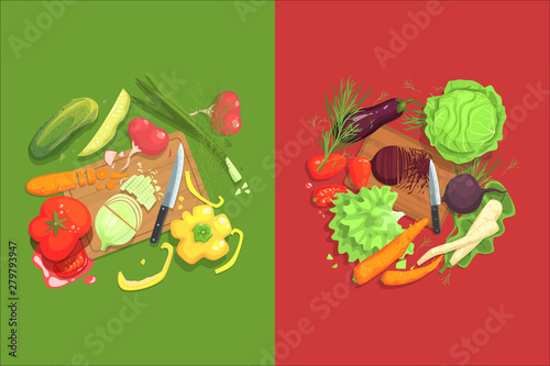 Fototapeta Naklejka Na Ścianę i Meble -  Still Life With Cooking Ingredients For Fresh Vegetarian Salad Raw And Vegetables Places Around Cutting Board Illustration