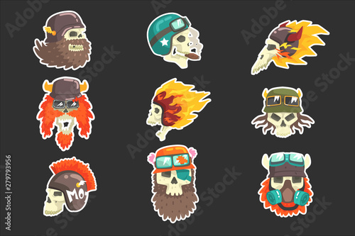 Colorful Scull Stickers With War And Biker Culture Attributes Set Of Vector Icons