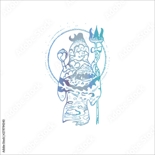 Color illustration of shiva with double exposure. Mountains, sky, Halo, god.