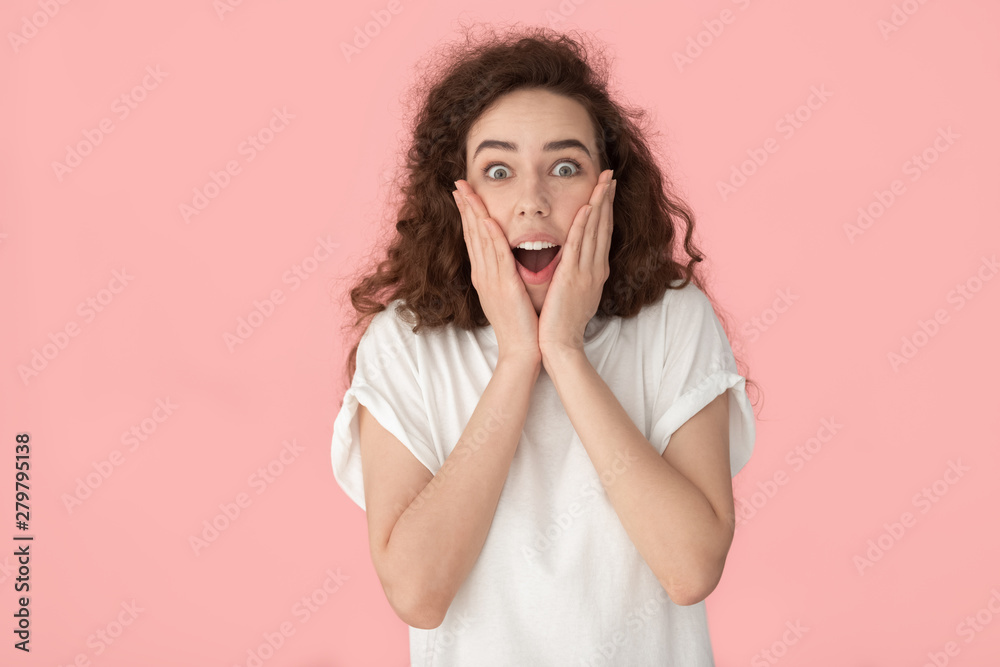Woman open mouth feels amazement looking at camera studio shot Woman open mouth feels amazement looking at camera studio shot