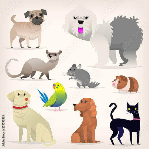 Set of colorful pets. Different species and kinds of breeds of dogs and cats. Isolated vector illustrations photo