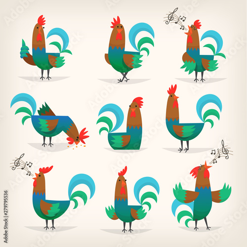 Rooster character from many fairy tales for children. Male chicken in different poses for greeting cards or posters in child's room