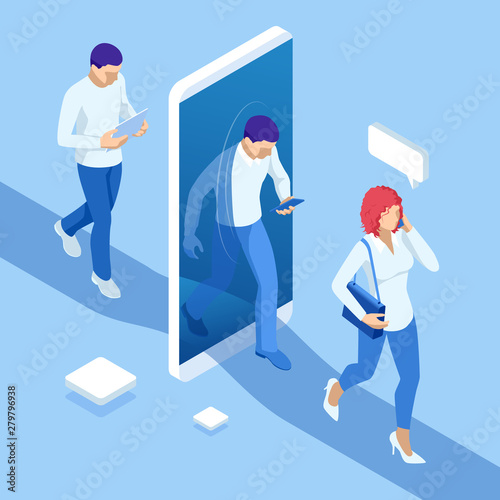 Isometric man and woman pass through the portal phone into the virtual world or social network. Futuristic teleport.