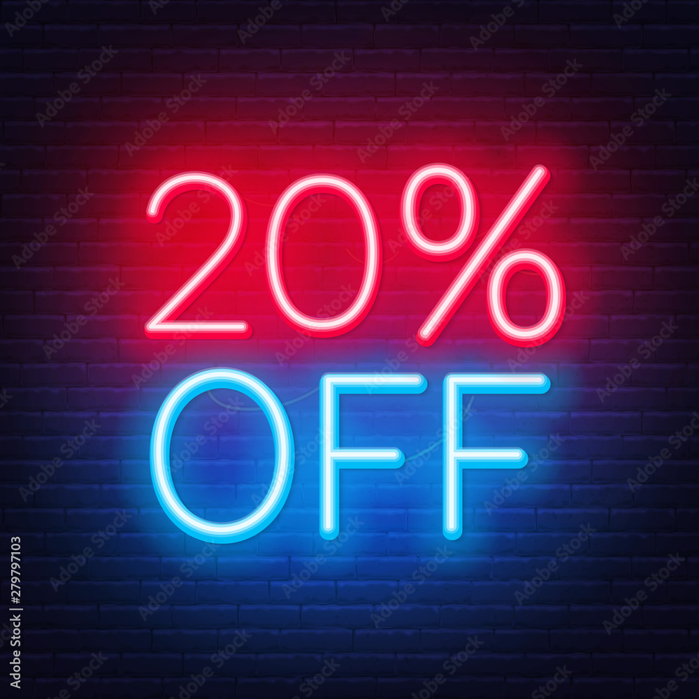 20 percent off neon lettering on brick wall background 20 percent off neon lettering on brick wall background