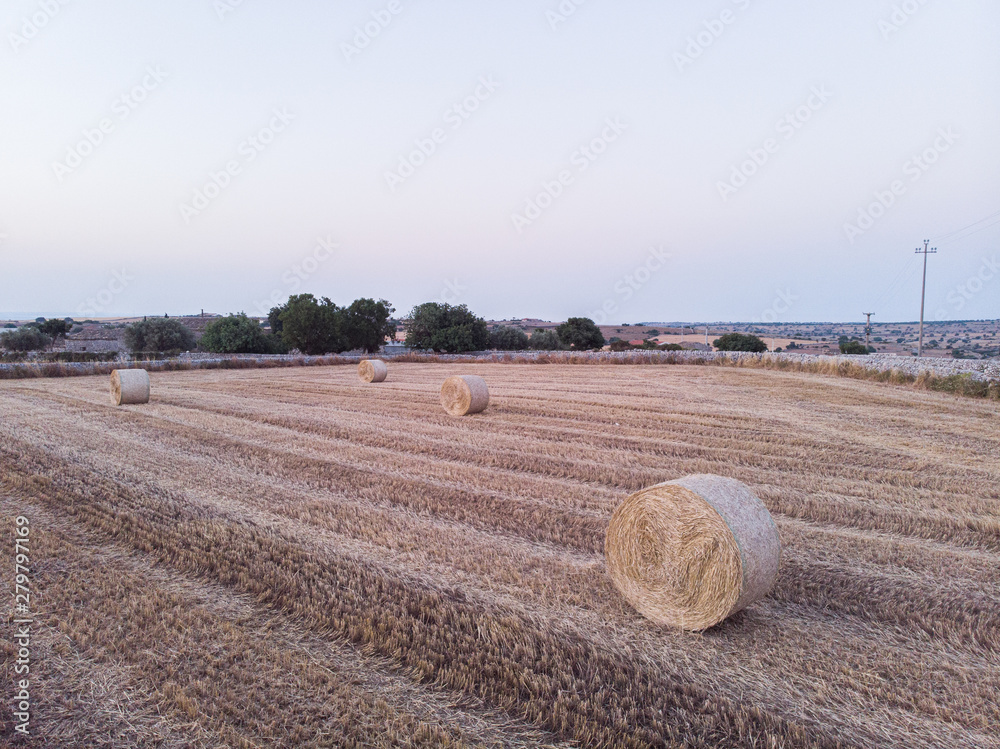 Aerial view of a field full of wheat bales at sunrise