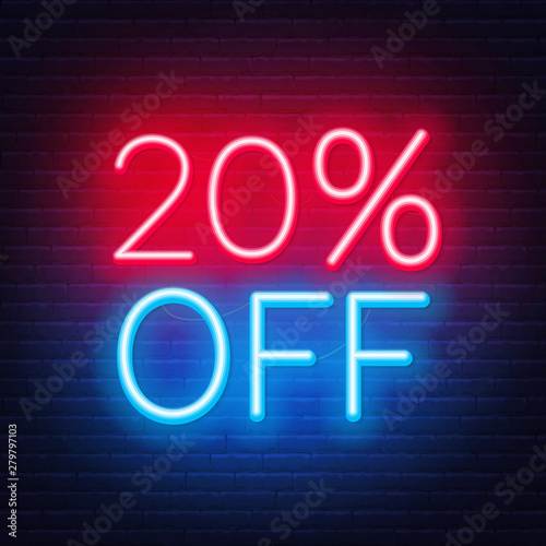 20 percent off neon lettering on brick wall background