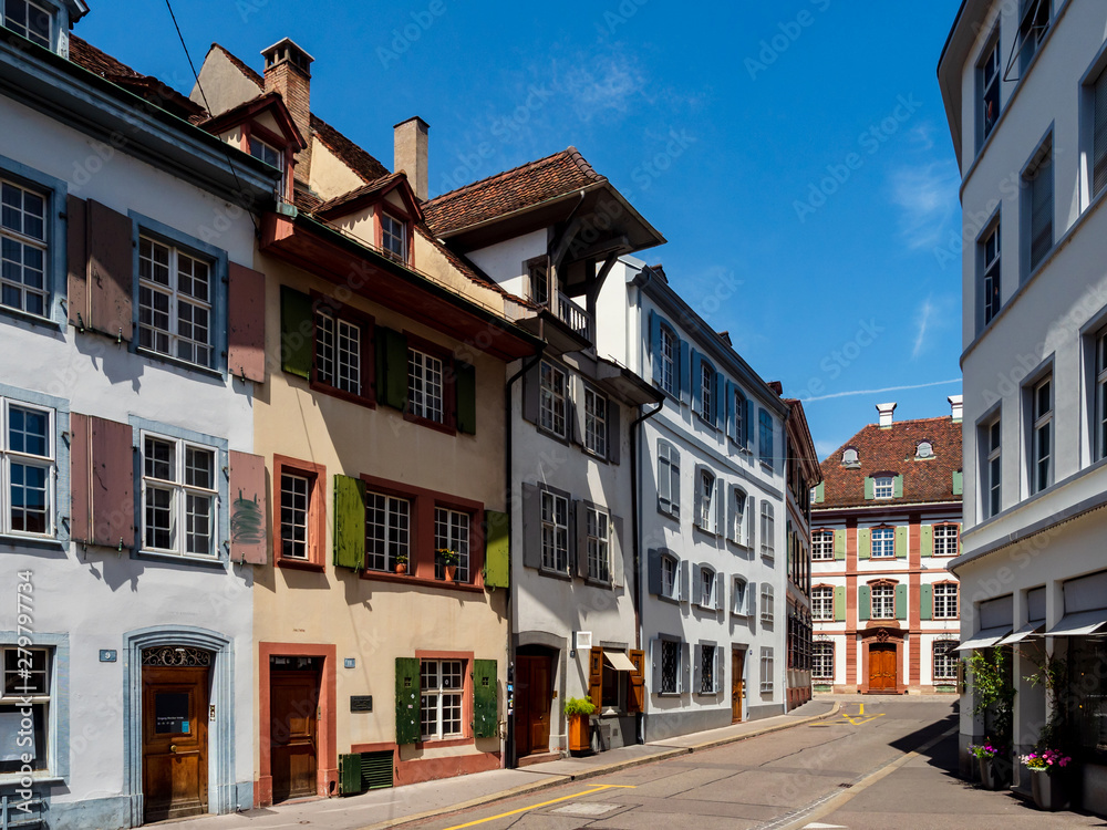 Calm narrow street, sunny summer day, cozy old downtown, Basel