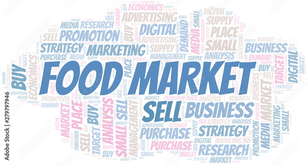 Food Market word cloud. Vector made with text only.