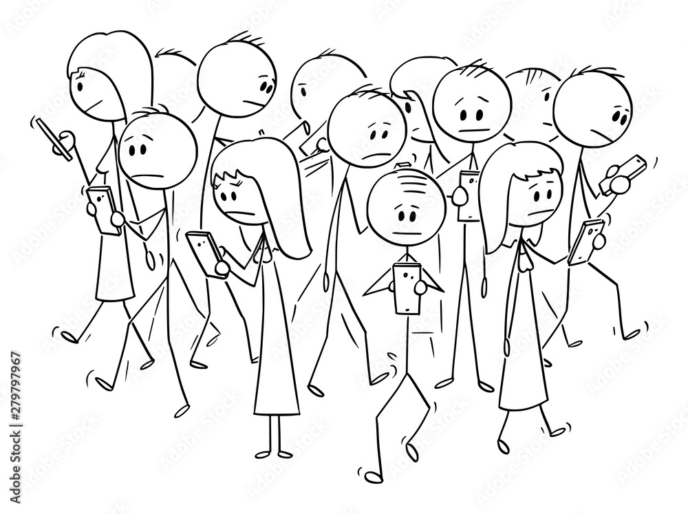 Φωτογραφία Vector cartoon stick figure drawing conceptual illustration of group of people or pedestrians walking on the street and using mobile phones or cell phones
