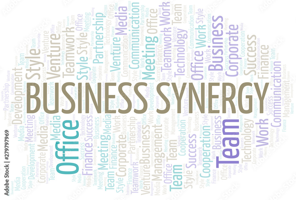 Business Synergy word cloud. Collage made with text only.