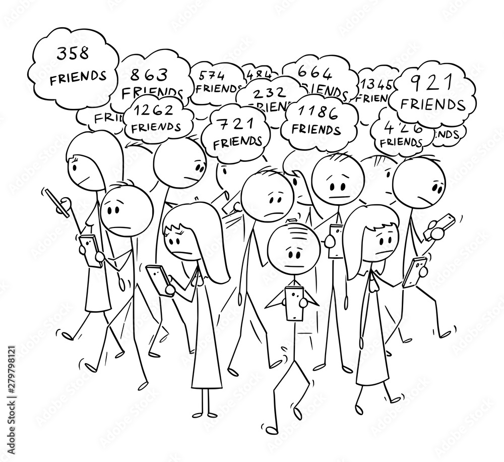 Vector Cartoon Stick Figure Drawing Conceptual Illustration Of Group Of  People Or Pedestrians Walking And Using Online Social Networks On Mobile  Phones, And Thinking About Online Friends. Stock Vector | Adobe Stock