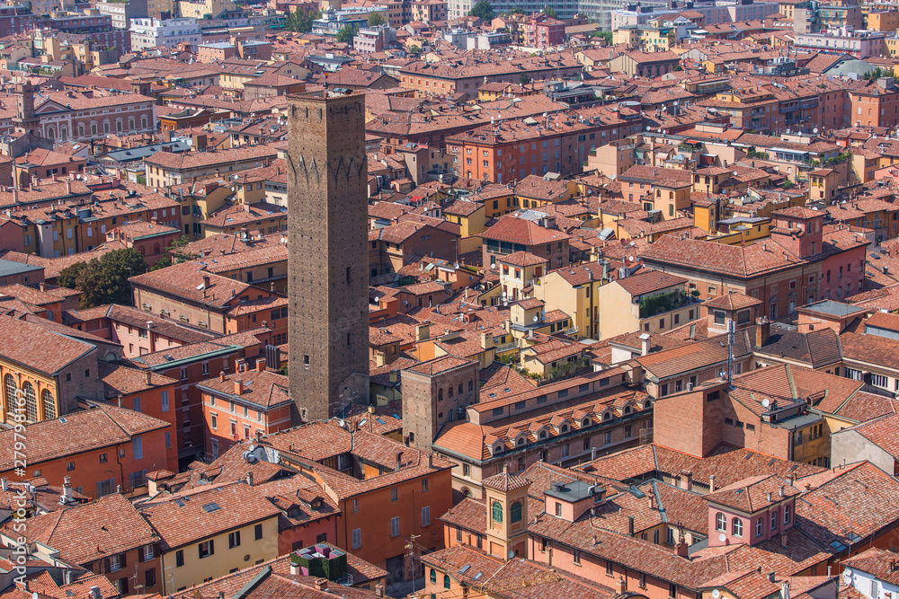 Panoramic view of the tiled roofs and Torre Prendiparte in the city of Bologna Italy