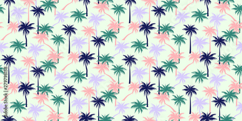 Holidays cheerful seamless pattern wallpaper of tropical palm trees in pink, green, purple on a light white background - Vector