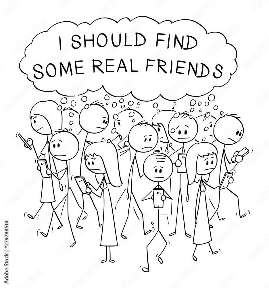 Vector cartoon stick figure drawing conceptual illustration of group of  lonely people walking and using online social networks on mobile phones,  and thinking about online and real friends. Stock Vector | Adobe