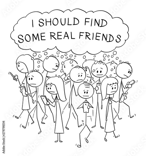 Vector cartoon stick figure drawing conceptual illustration of group of lonely people walking and using online social networks on mobile phones, and thinking about online and real friends.