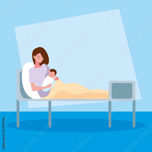 mother with newborn in stretcher