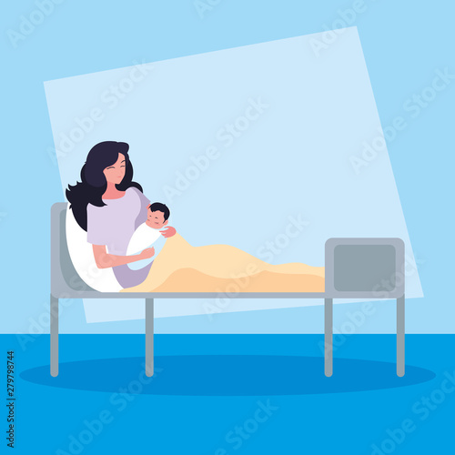 mother with newborn in stretcher