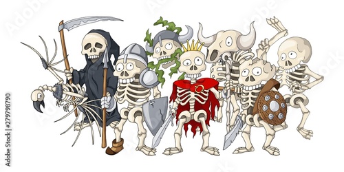 Undead war formation. Cartoon illustration of different skeletons sketches