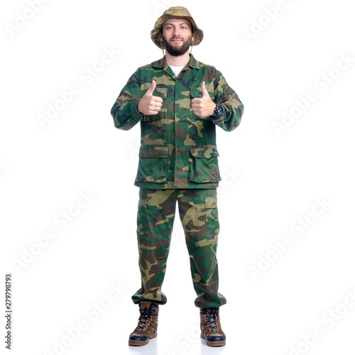Man in camouflage clothes hiking standing on white background isolation