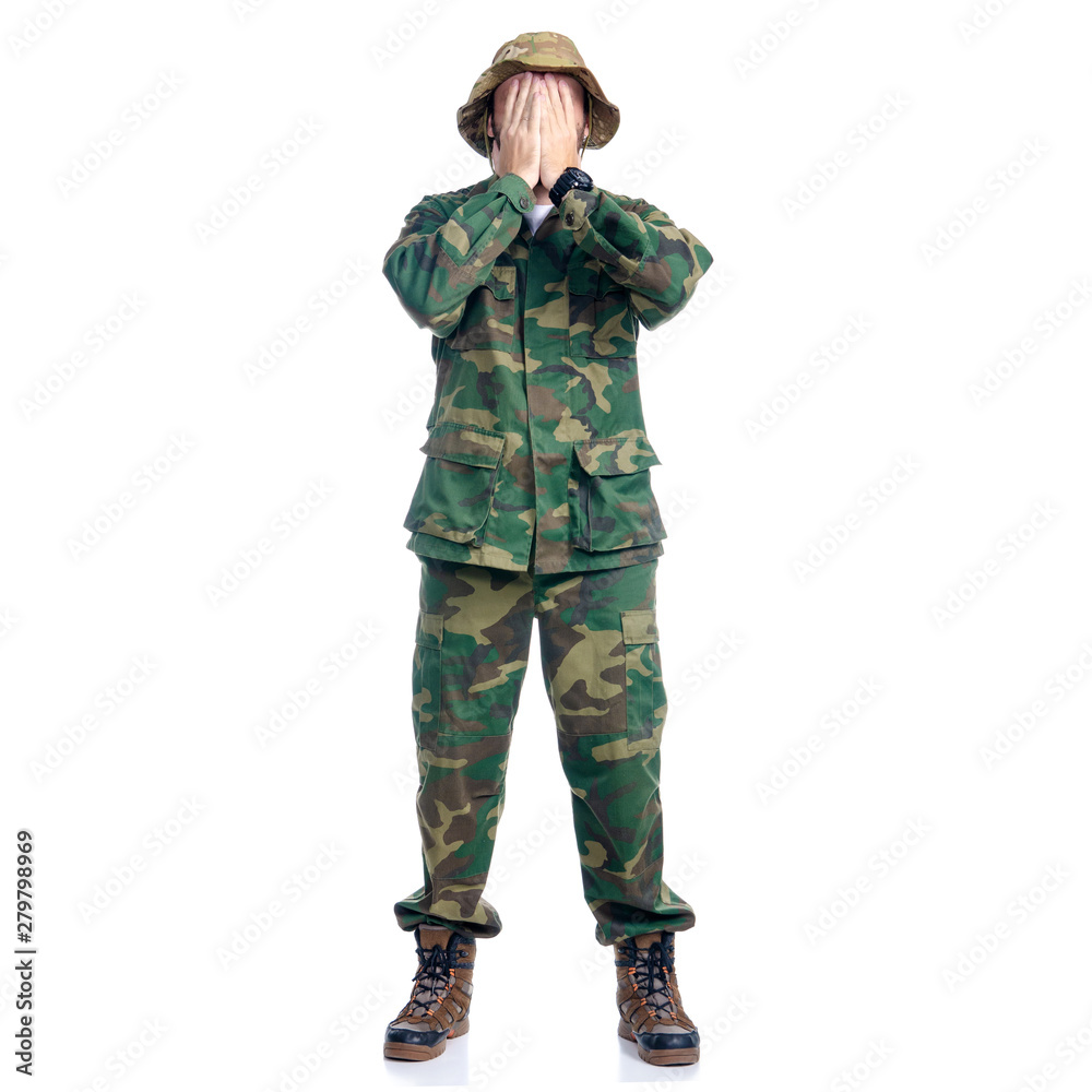 Man in camouflage clothes hiking standing on white background isolation Man in camouflage clothes hiking standing on white background isolation