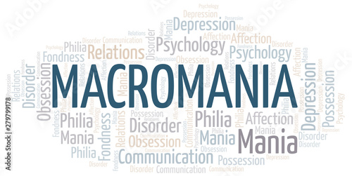 Macromania word cloud. Type of mania, made with text only.