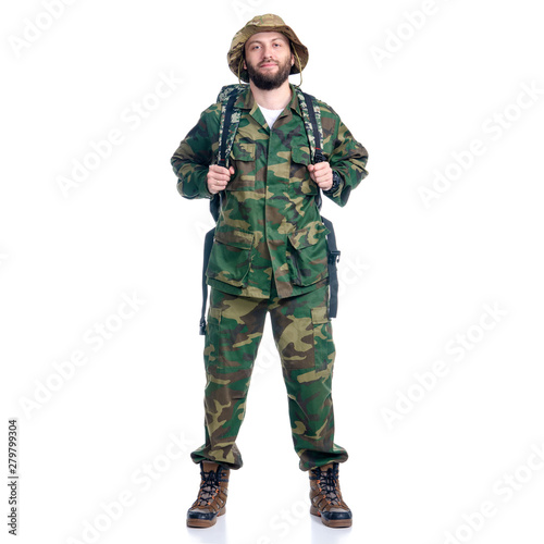 Man in camouflage clothes with backpack hiking standing looking on white background isolation