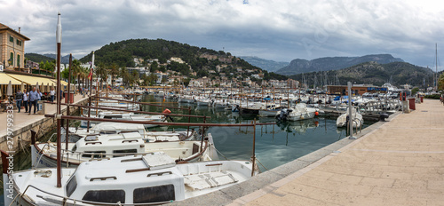 The seafront and harbour at Port de Soller with yachts and boats, Spain