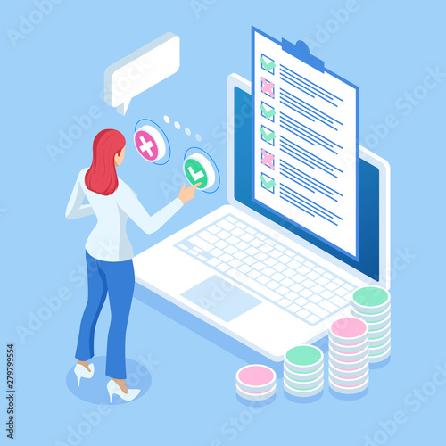 Isometric online survey concept. Hand touching screen on modern digital tablet pc. Online form survey on laptop.