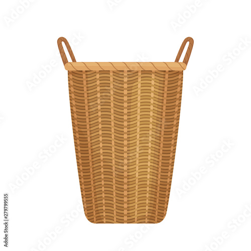 Large long wicker basket with two handles for storing linen or supplies. Isolated on white background