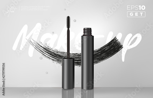 Gealistic vector black Mascara Bottle. Brush and mascara tube. Black wand and mascara tube. Fashionable cosmetics Makeup for Eyes
