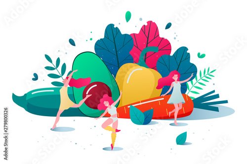 Concept of healthy lifestyle vector illustration. Healthy happy women dancing in front of vegetables and fruits.