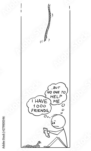 Vector cartoon stick figure drawing conceptual illustration of mantrapped in hole with many virtual friends on online social networks, but no real friend to ask for help.