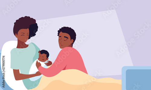 mother afro with newborn in stretcher and father observing