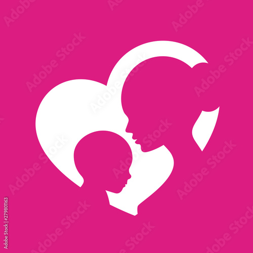 Vector purple icon heart with silhouette mother and baby on purple background © Jan