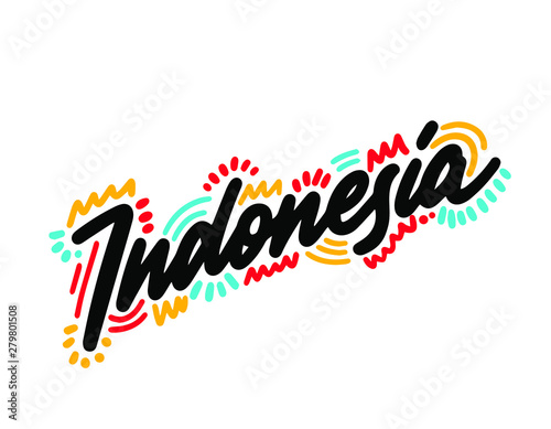 Indonesia hand made lettering logotype in original brush pen calligraphy style. Colourful logotype ready to use print.