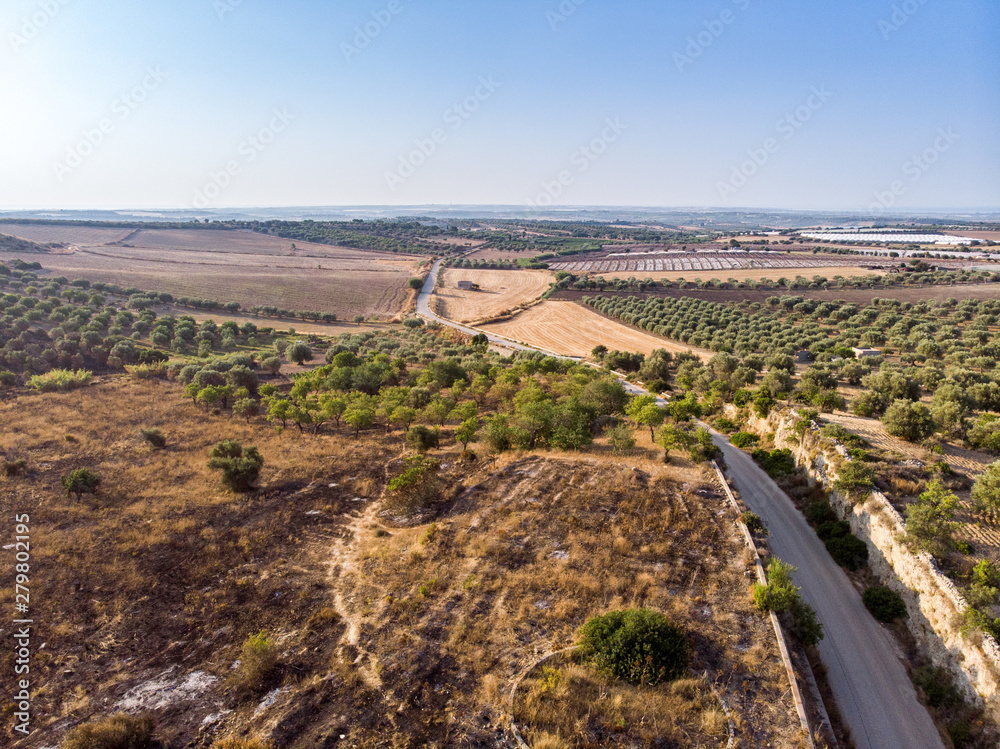 Aerial view of a rural field in Sicily in the morning