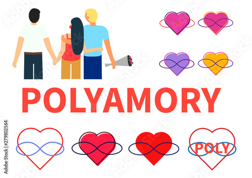 Seth polyamory. Two guys and a girl hold hands and hug. Several symbols of polyamoria - hearts and infinity sign in different circuits.