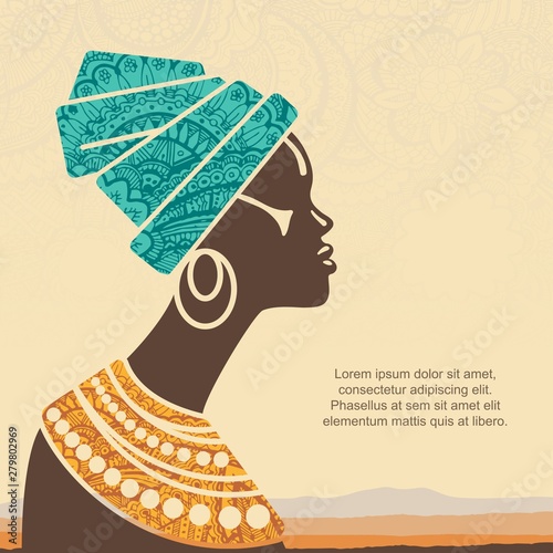 Vector Portrait beautiful African woman in traditional turban