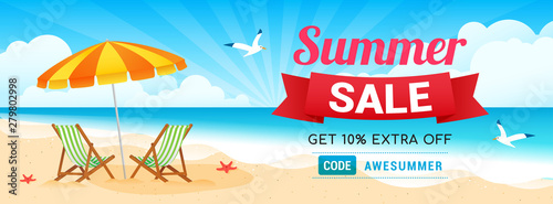 Summer Sale Banner Vector illustration. Special coupon, Beach background.