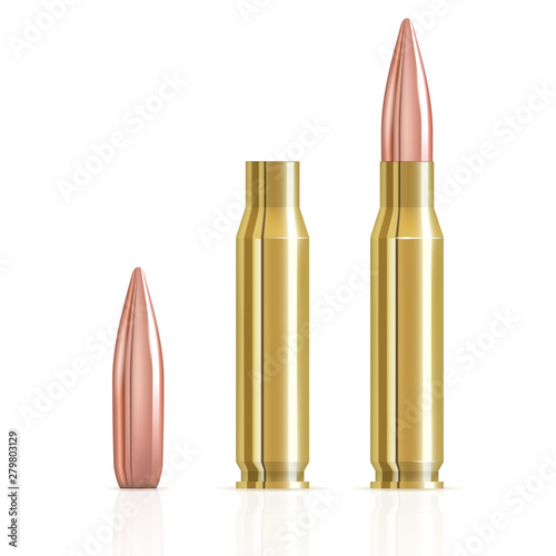 Realistic ammunition cartridge vector illustration. Ammunition bullets on white background. Bullets and cartridge case.