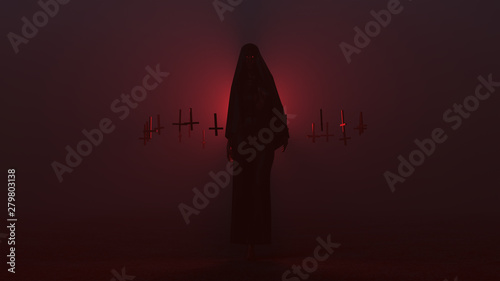 Demon Nun in a Black Pant Suit with a Veil Seductive Vampire Devil Futuristic Haute Couture and Upside Down Floating Crosses Abstract Demon in a Foggy Void 