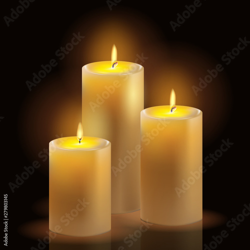 Burning wax candles realistic set. Aromatic decorative round cylindrical candle sticks with burning flames.