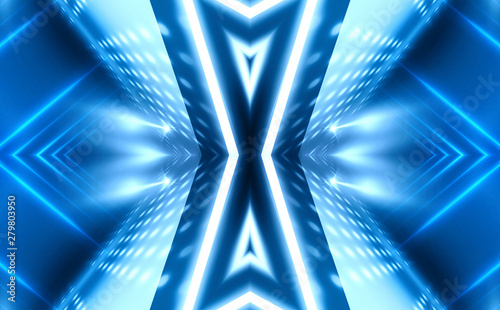 Dark abstract futuristic background. Neon lines, glow. Neon lines, shapes. Blue glow