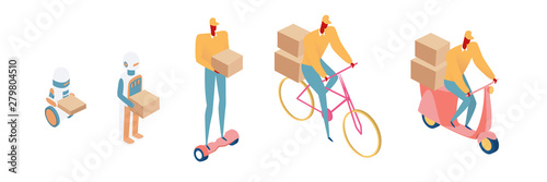 Courier character concept. Isometric man, robo with scooter, bicycle or siqway. Delivery service, cargo industry.