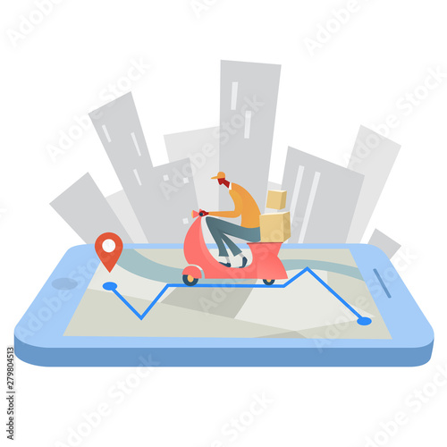 Online delivery service concept, courier tracking online tracker. Smartphone, package delivery.