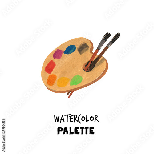 Watercolor pallette and brushes illustration. Hand painted item isolated on white background. Old school design.